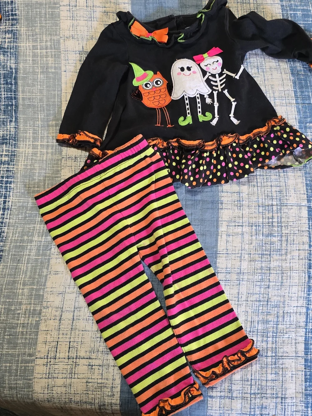 Rare Editions Black Top and Neon Striped Halloween Leggings 12 Months